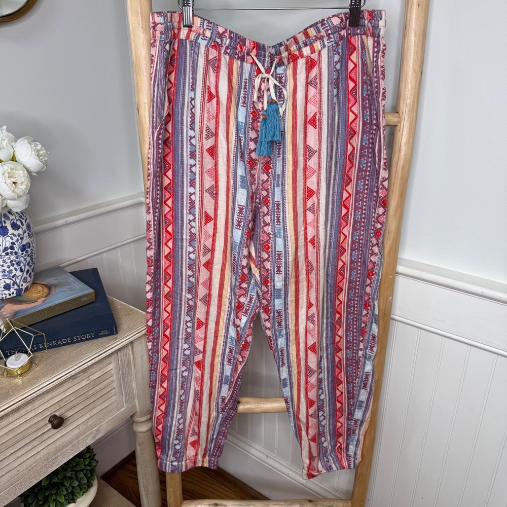 Sundance Boho Geometric Striped Tassel Jogger Pants Red Blue Women Large